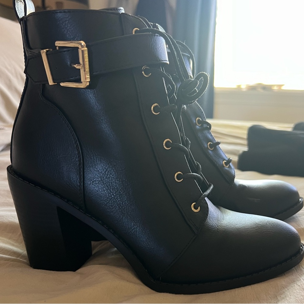 Shoe Dazzle Black Heeled Boots with Gold Buckle
